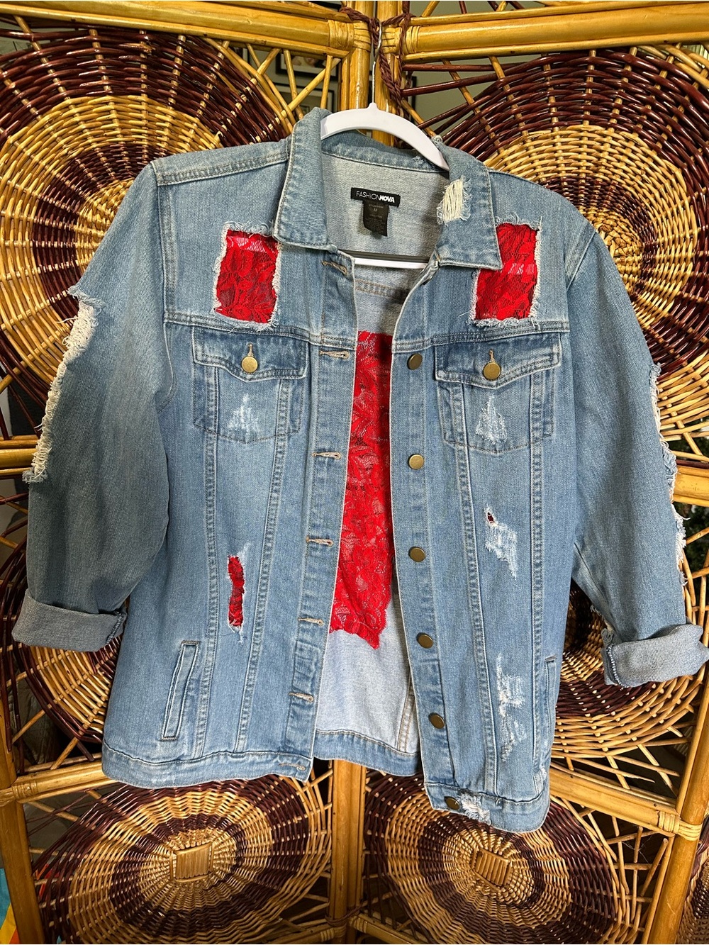Fashion Nova Light Blue Denim Jacket with Red Lace Patchwork